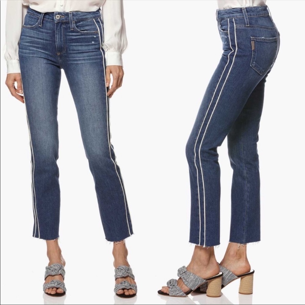 PAIGE Hoxton Straight Ankle Jeans Stripes Indigo Cream Distressed Women Size 25